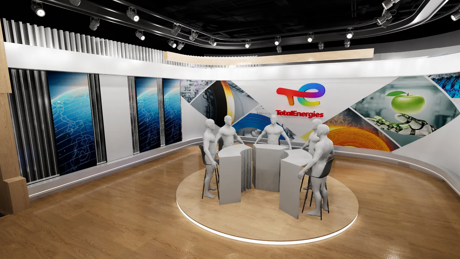 Décor virtuel conçu pour un séminaire, dispositif installé dans un petit amphithéâtre d'entreprise