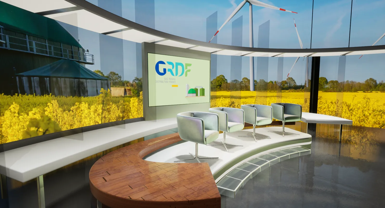 Plateau virtuel immersif ouvert sur un paysage agricole pour une émission d'entreprise